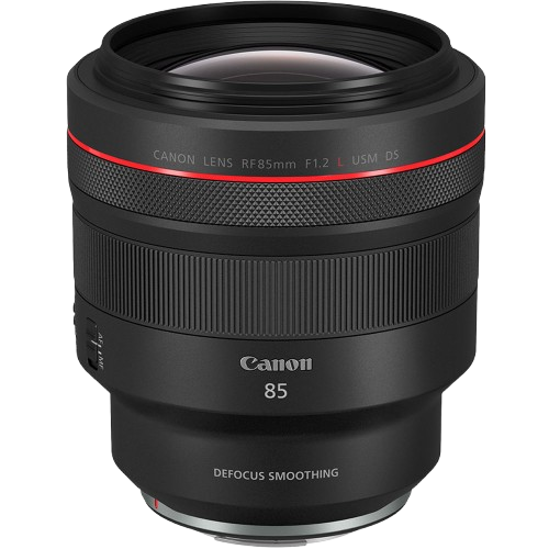 Canon RF 85mm defocus smoothing control lens shown in multiple views with its red ring design detail.