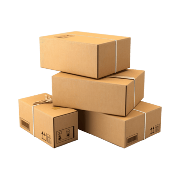 Stack of brown cardboard shipping boxes isolated on white background for delivery and moving logistics concept.