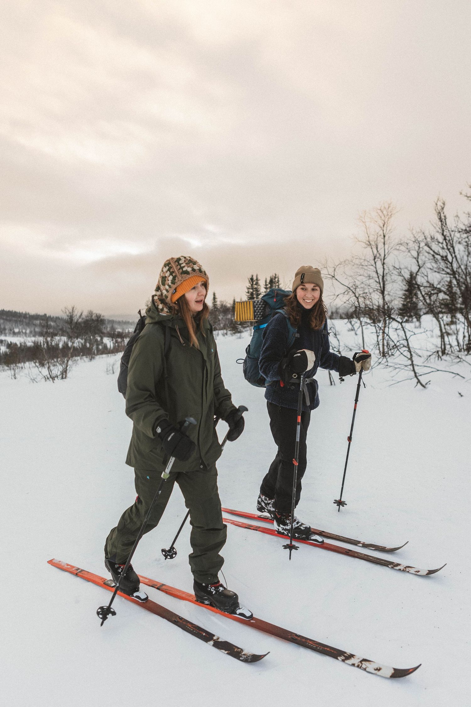 Two skiers traverse a snowy winter landscape wearing warm outdoor gear and using ski poles on a cloudy day.