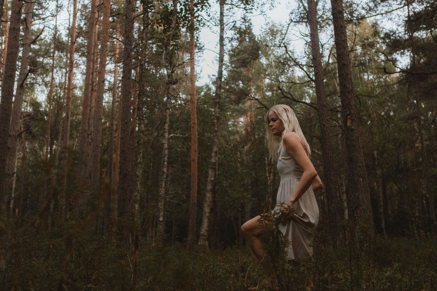 Person in flowing dress dances through a misty pine forest.