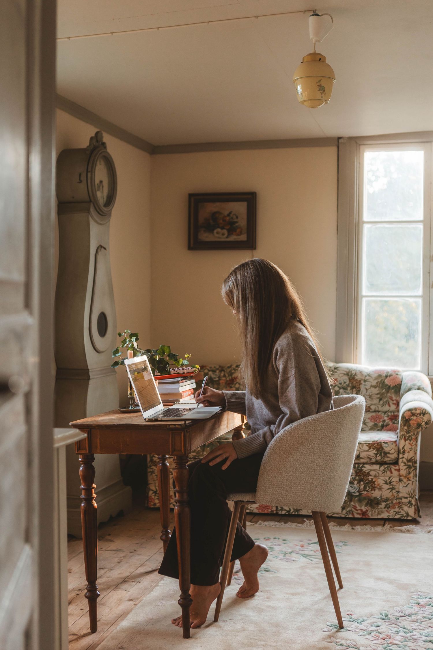 A sequence of photos showing a person sitting in a floral armchair by a window in a cozy living room interior.