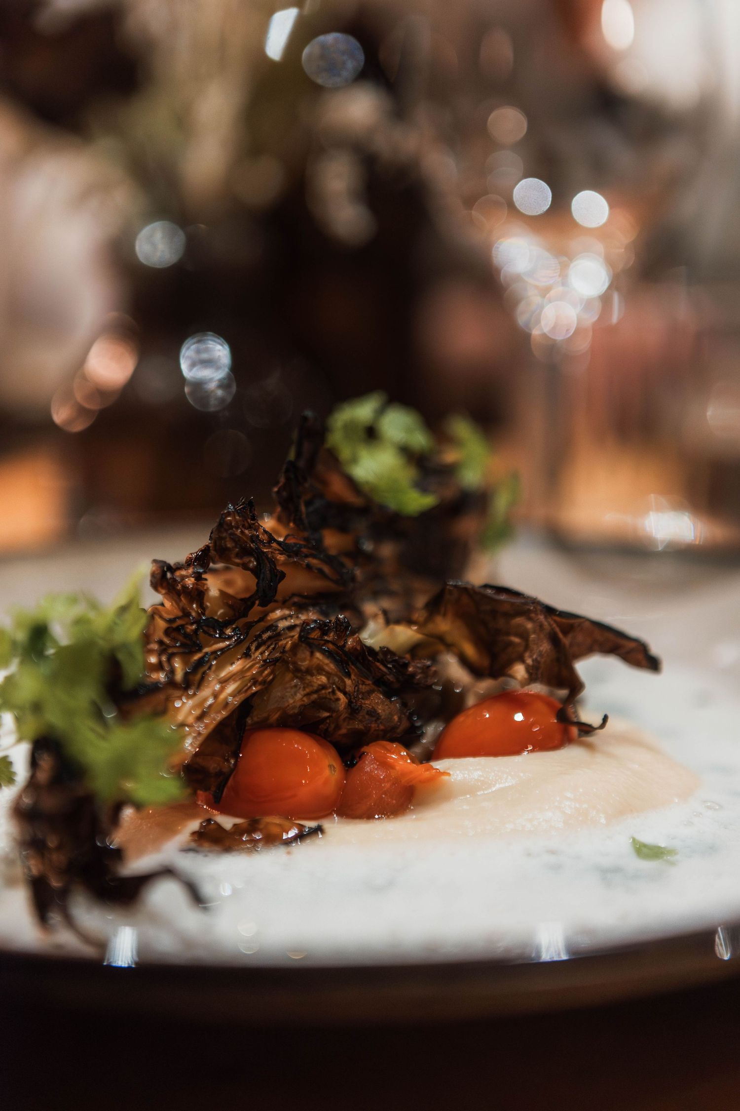 Gourmet dish featuring caramelized meat and cherry tomatoes on a white plate with bokeh background.
