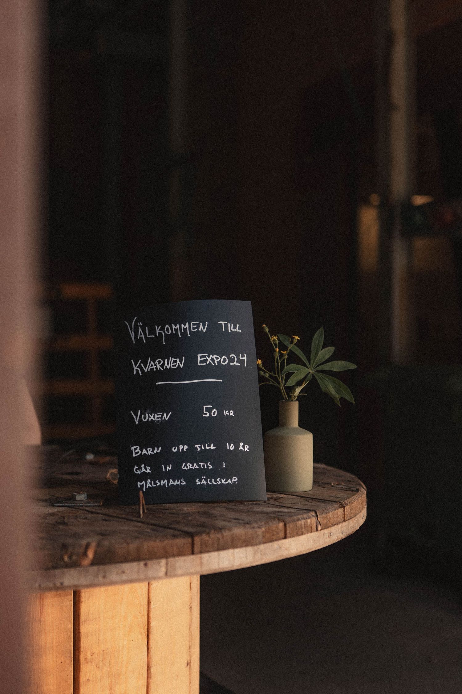 Small potted plant next to a chalkboard menu on a wooden round table.