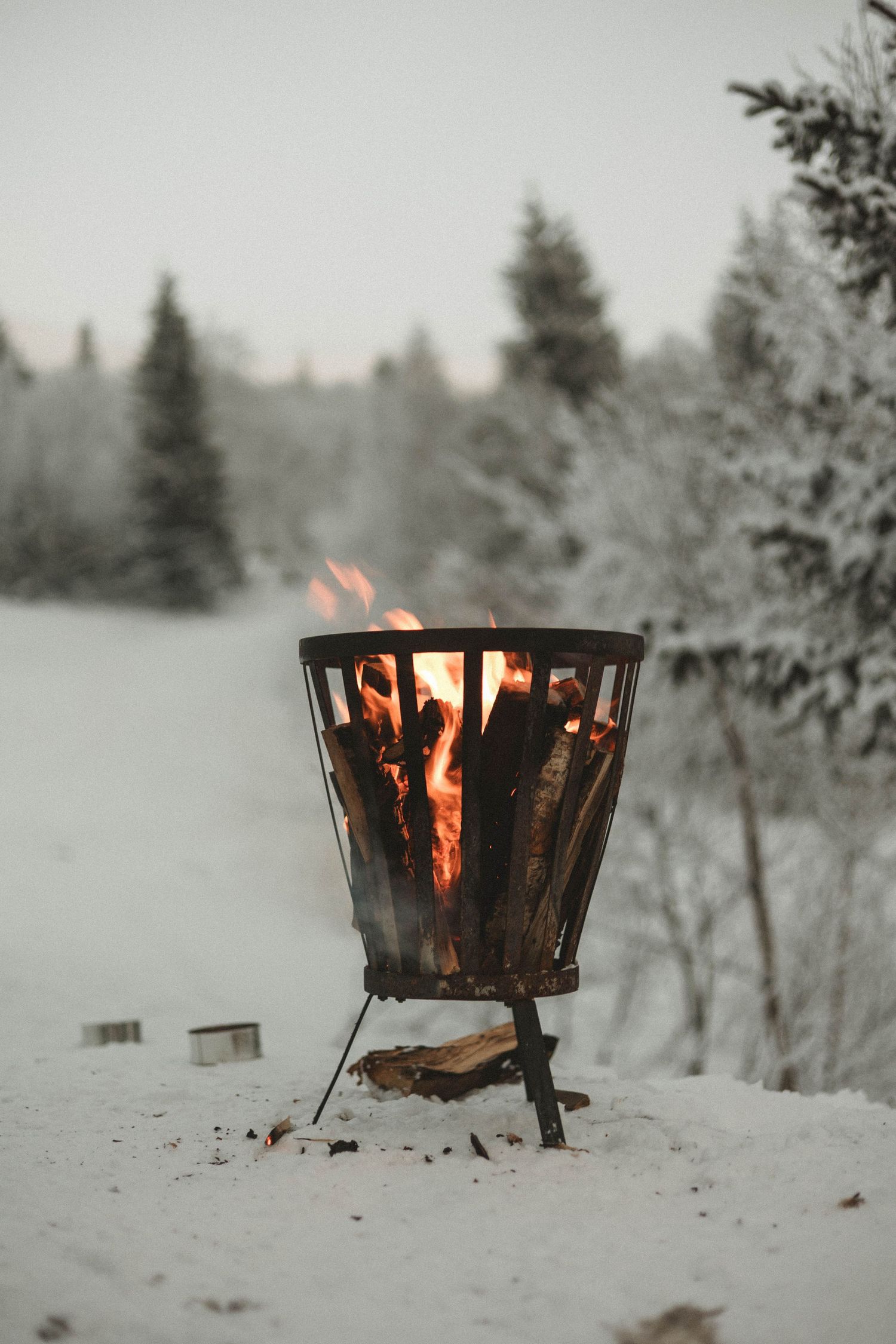 A burning fire pit stands in snowy winter landscape surrounded by evergreen trees at dusk.