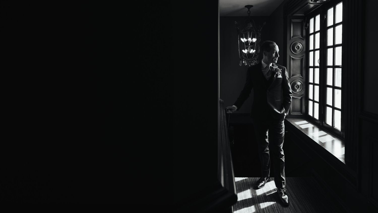 A dramatic black and white photo series showing light streaming through windows in a dark interior space.
