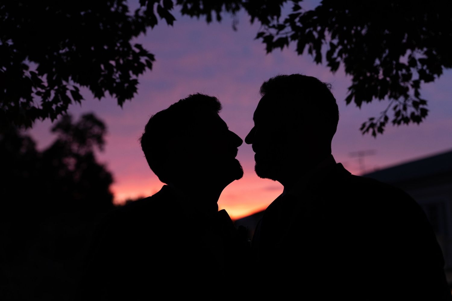 Two silhouetted figures embracing against a vibrant sunset sky with trees in the foreground.