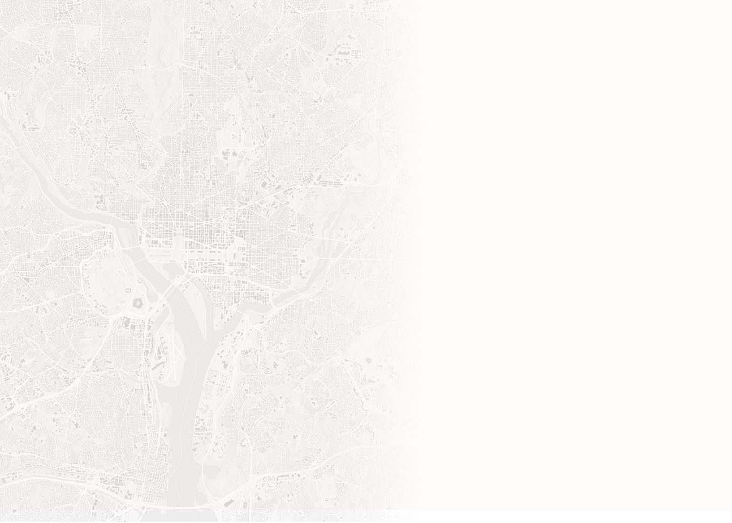 Faint aerial map view of a city with light gray roads and waterways on a white background.