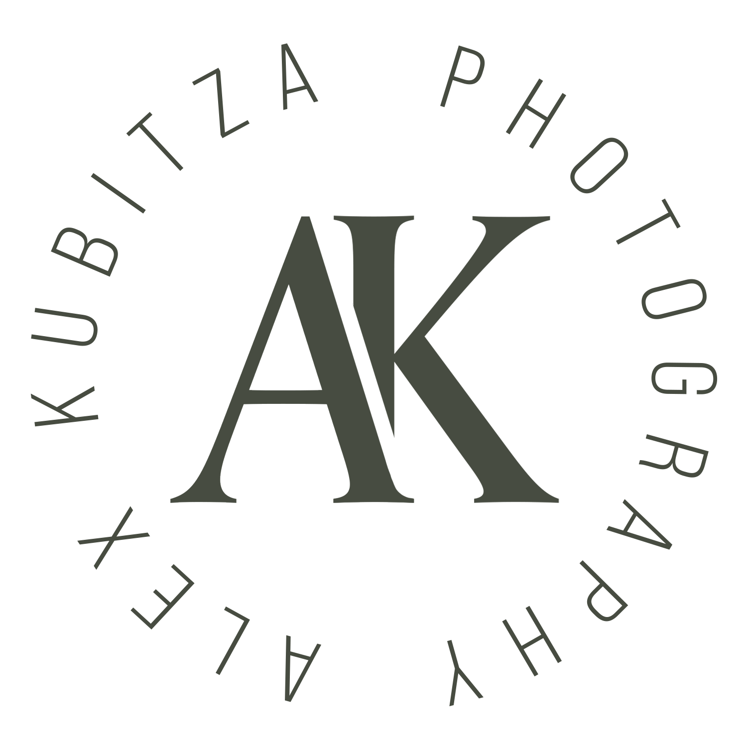 Circular logo for Alex Kubitza Photography featuring elegant AK monogram initials in dark green serif font.