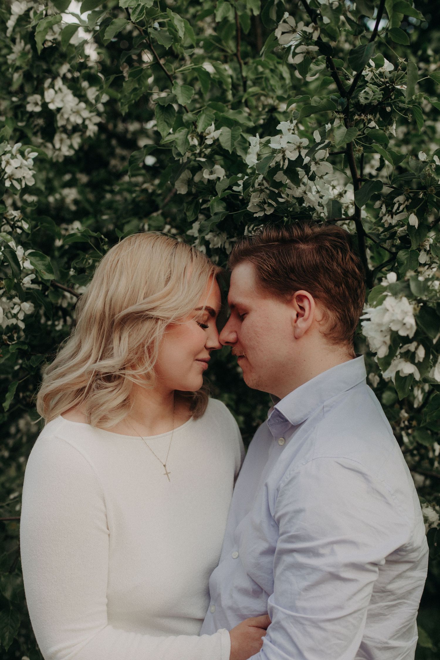 Couple sharing a romantic moment with foreheads touching, surrounded by white blooming flowers outdoors.