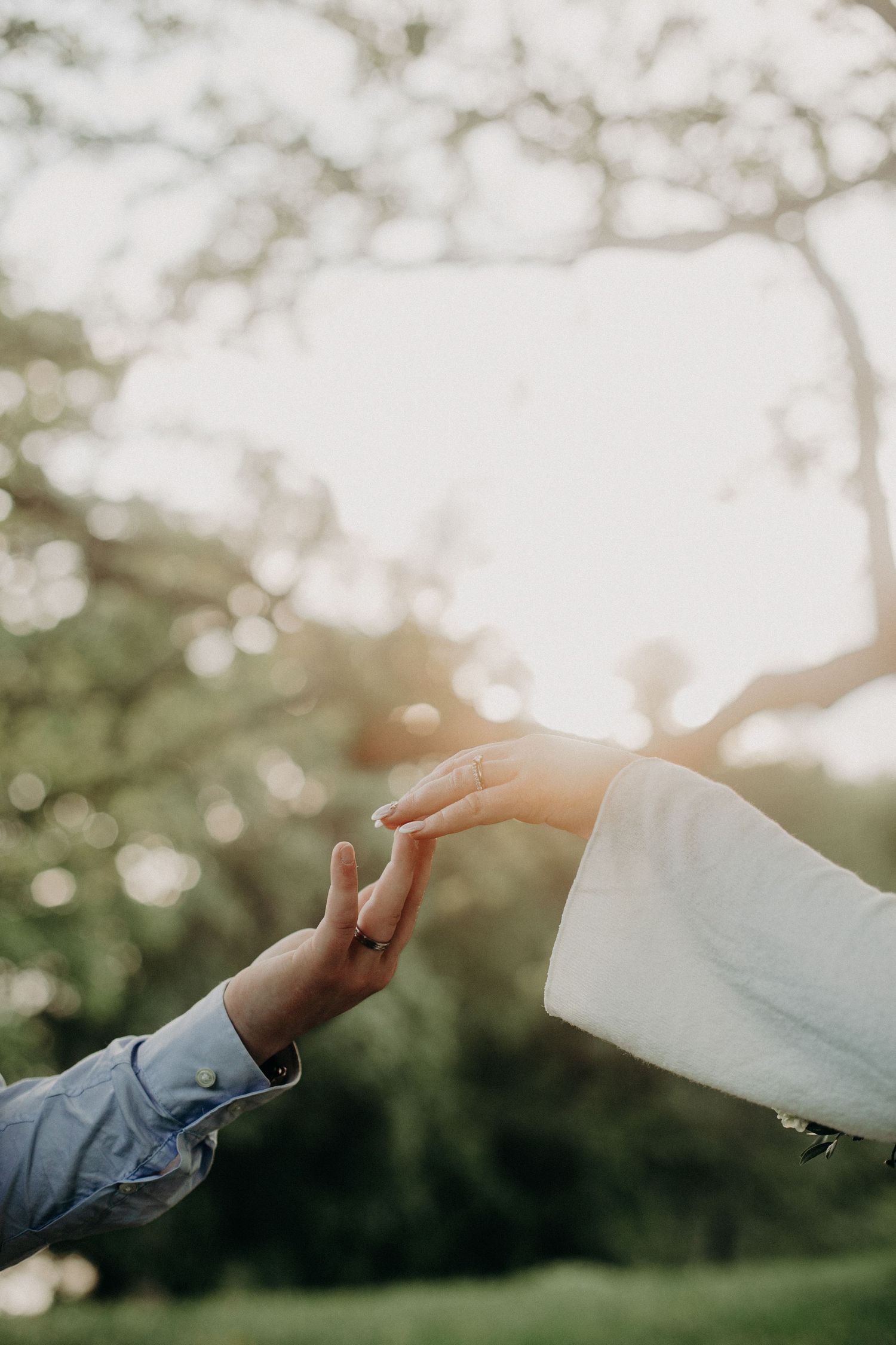 Close-up of bride and groom gently touching fingertips at sunset in a lush green park.