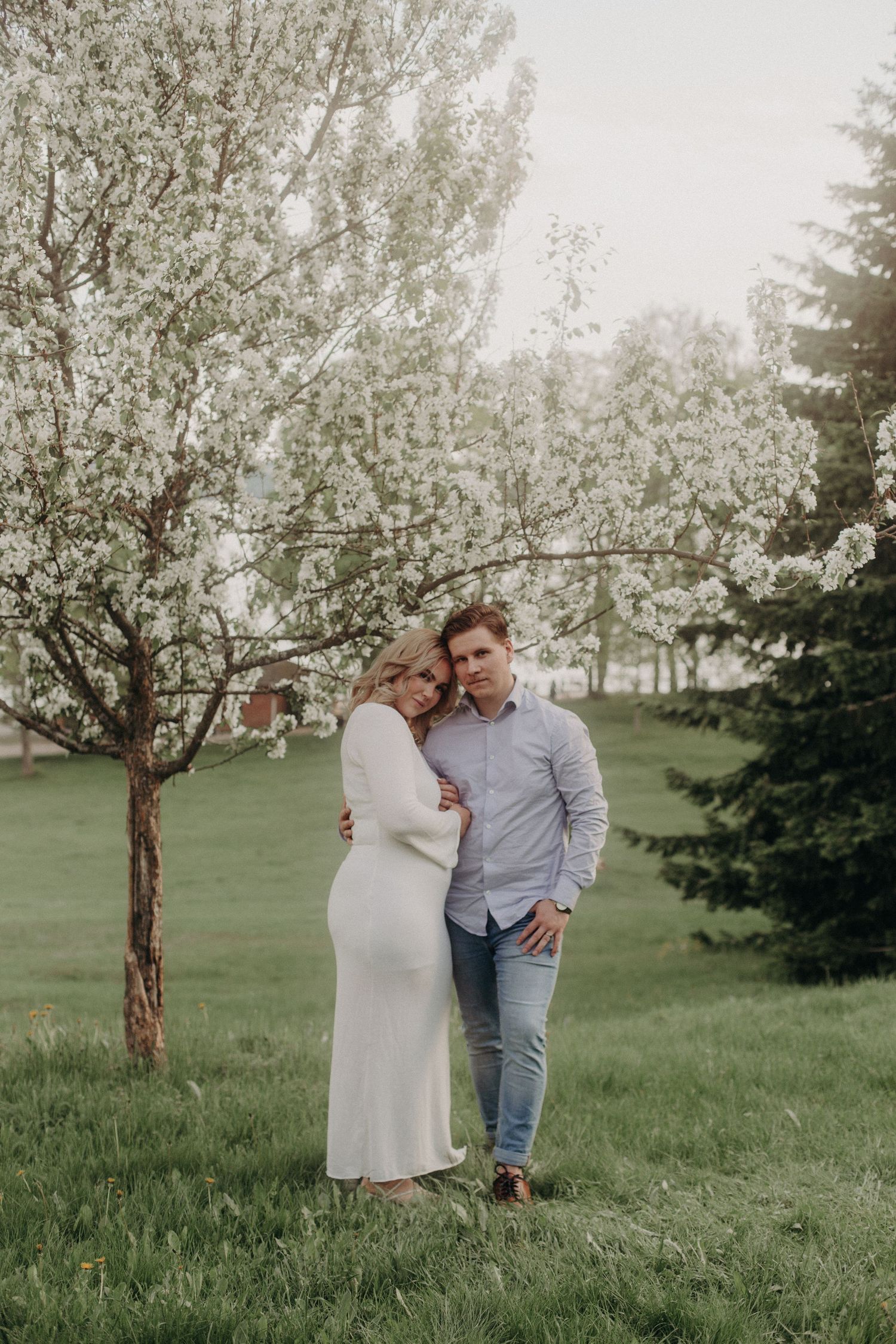 A couple embraces near a blooming white tree in a lush green park, woman in white dress, man in blue shirt and jeans.