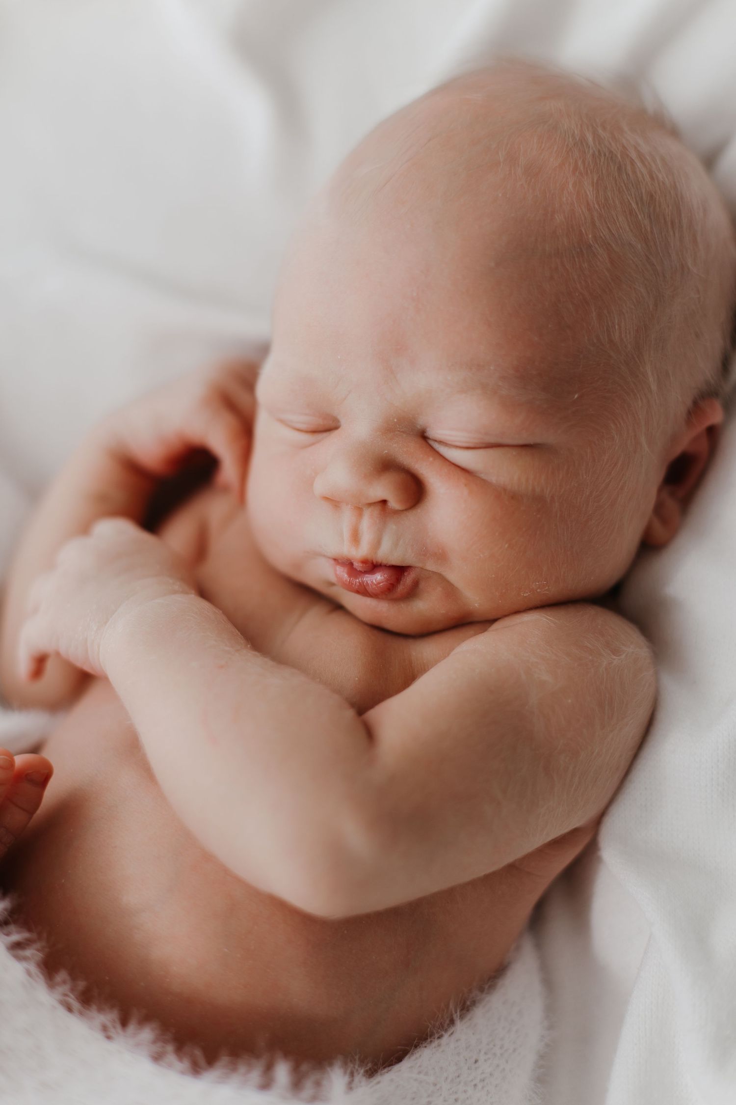 Close-up of sleeping newborn baby with arms curled up on white bedding.