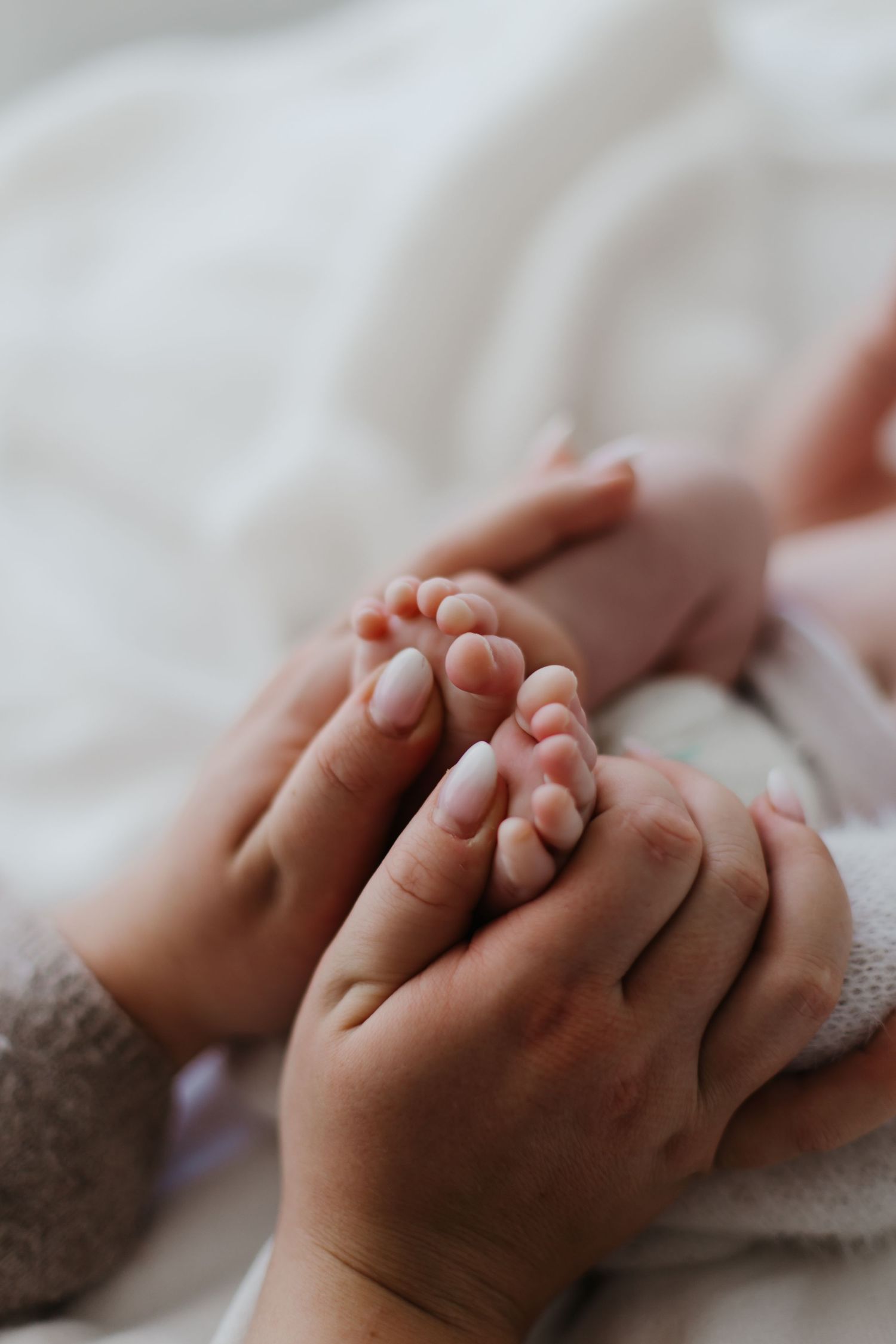 Close-up of parent and baby's hands intertwined against soft background.