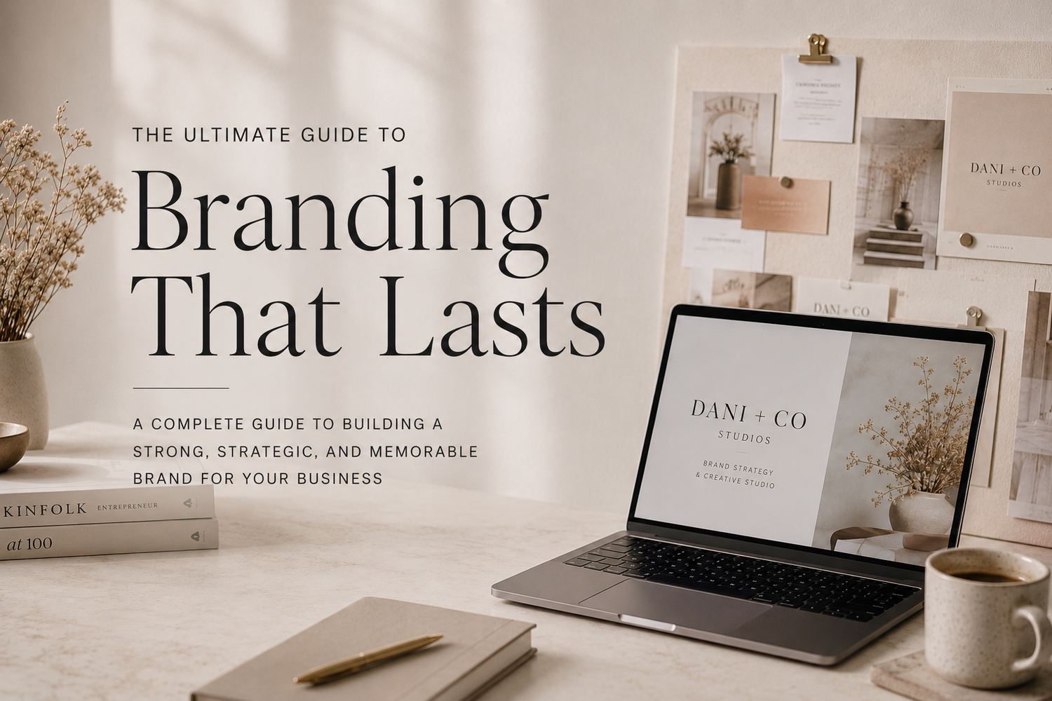 Laptop displaying Dani Co branding guide on a styled desk with the headline Branding That Lasts.