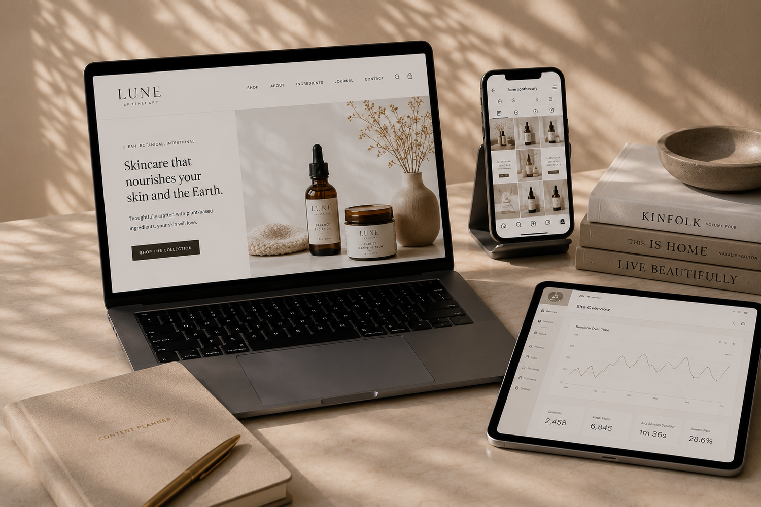 Luxe skincare brand website displayed on laptop, tablet, and phone with natural product photography.