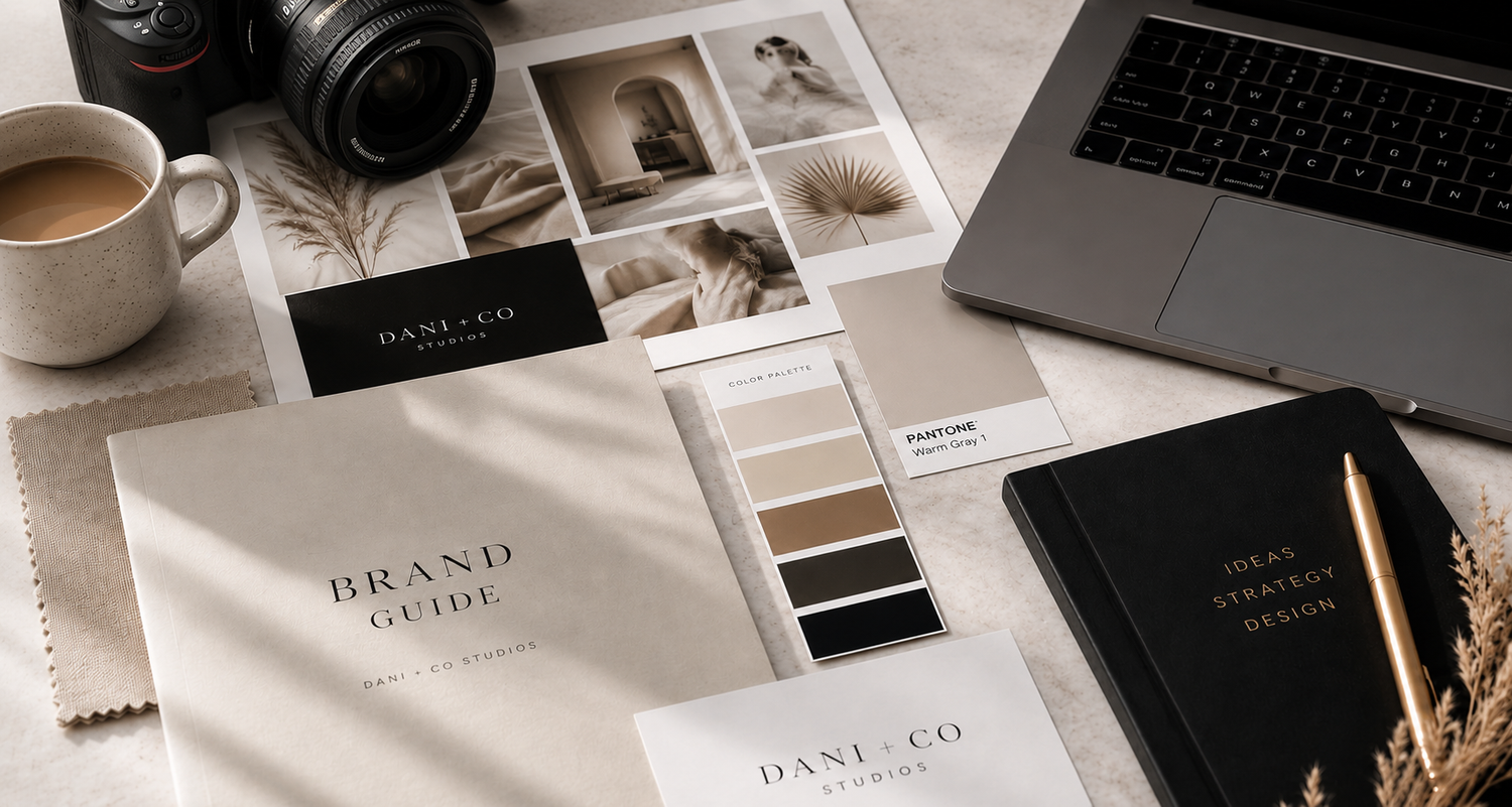 Flat lay of Dani and Co brand guide, fabric swatches, camera, laptop, coffee, and notebook on marble.