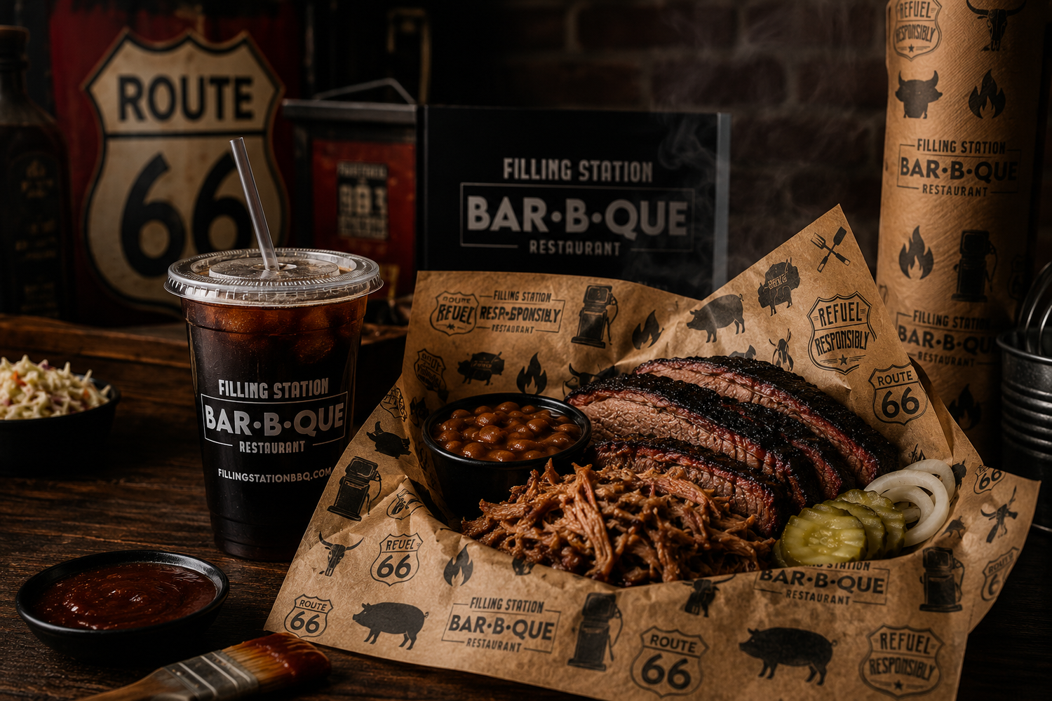 Filling Station Bar-B-Que restaurant spread with brisket, pulled pork, and Route 66 branded cups.