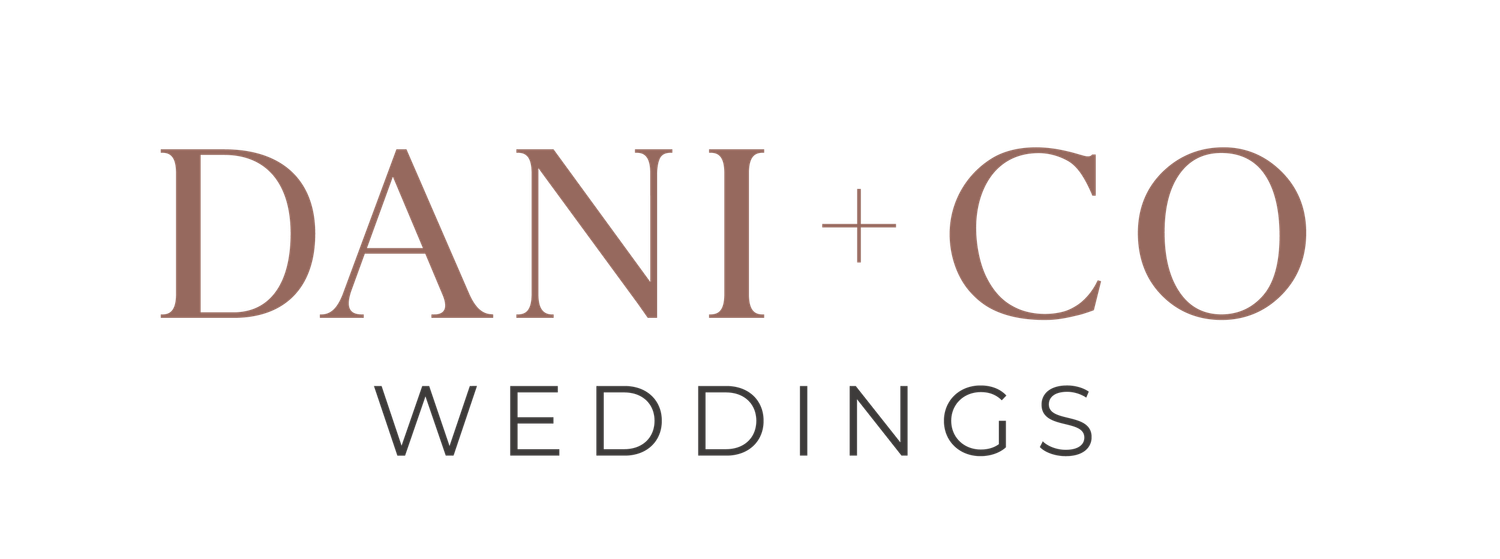 Dani+Co Weddings logo featuring elegant serif and sans-serif typography in muted rose and gray tones.