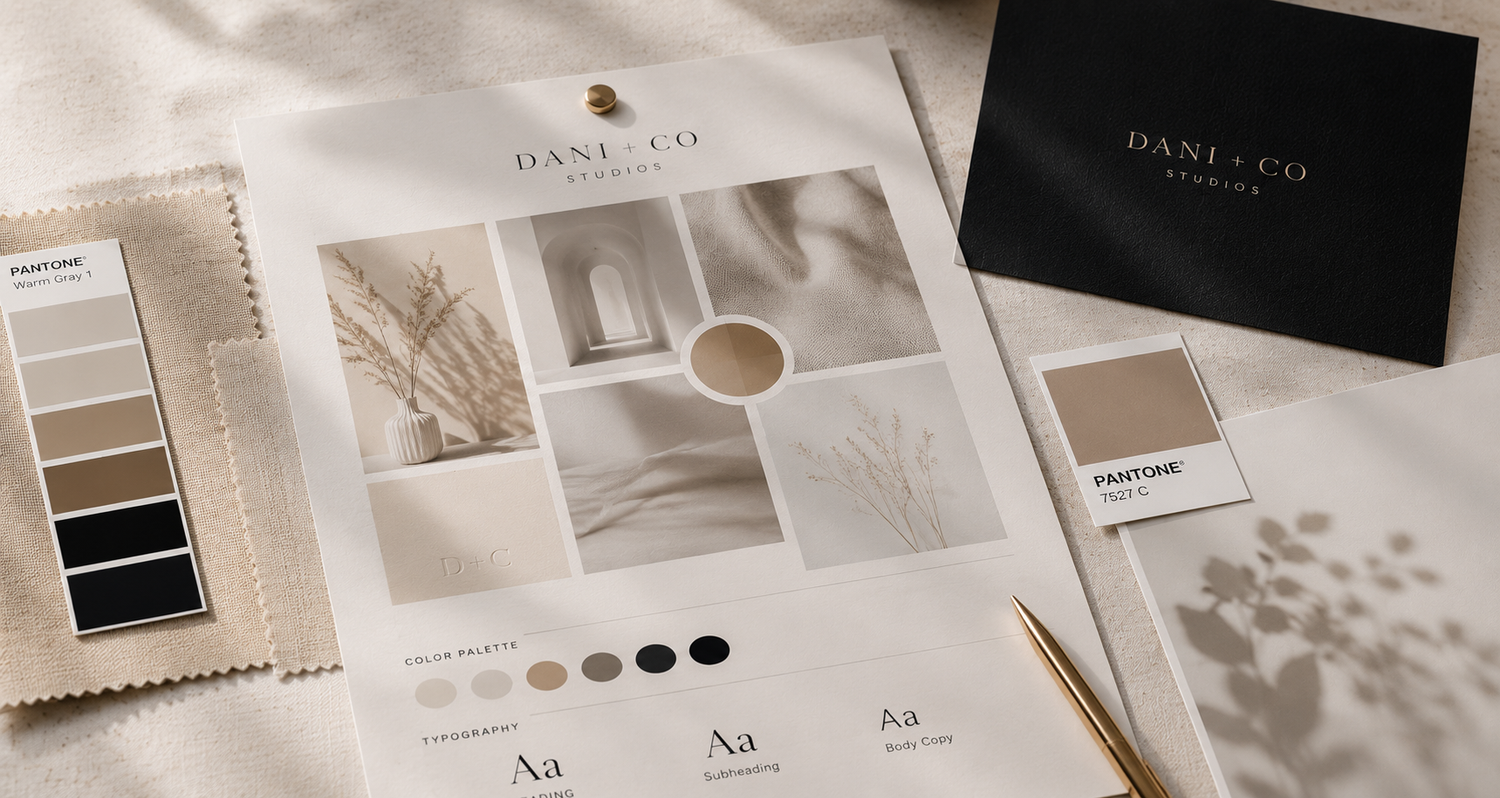 Flat lay of Dani and Co branding materials including color swatches, mood board, and business cards.
