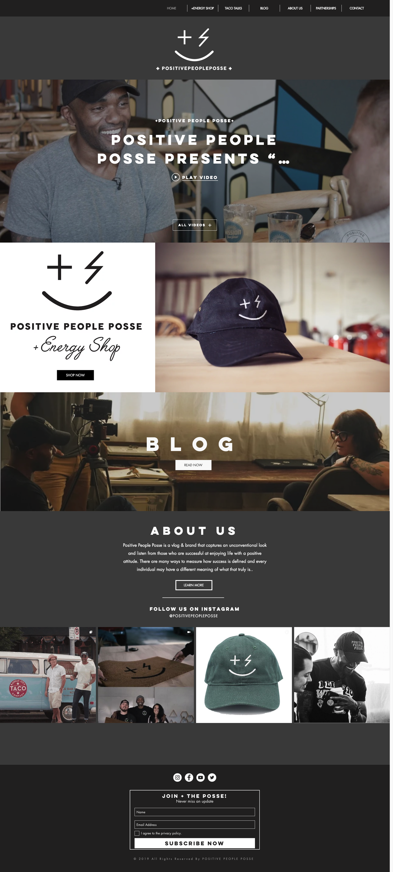 Full website mockup for Positive People Posse featuring blog, shop, and Instagram sections in dark theme.