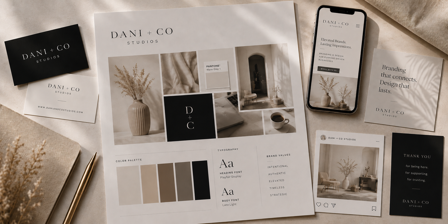 Dani & Co florist brand identity design spread with business cards, mood board, and mobile mockup.