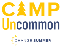 Yellow and blue logo for Camp Uncommon featuring a tree icon and the text 'CHANGE SUMMER' underneath.