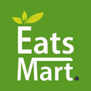 EatsMart logo featuring white text on a green background with decorative green leaves above the brand name.