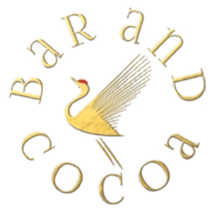 Bar and Cocoa logo featuring a golden swan with spread wings encircled by elegant gold lettering on white background.