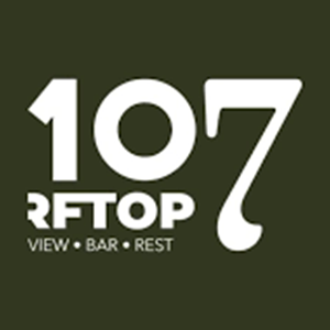 Logo for 107 Rooftop View Bar and Restaurant on a dark olive green background with bold white typography.