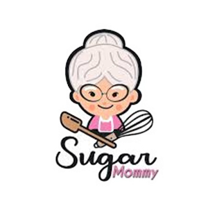 Cartoon grandmother logo for Sugar Mommy bakery, holding a whisk and spatula, wearing glasses and a pink apron.