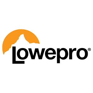 Lowepro brand logo featuring an orange mountain sunrise icon above bold black text on a white background.