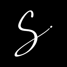 Elegant white cursive letter S logo with a decorative dot and line accent on a black background.