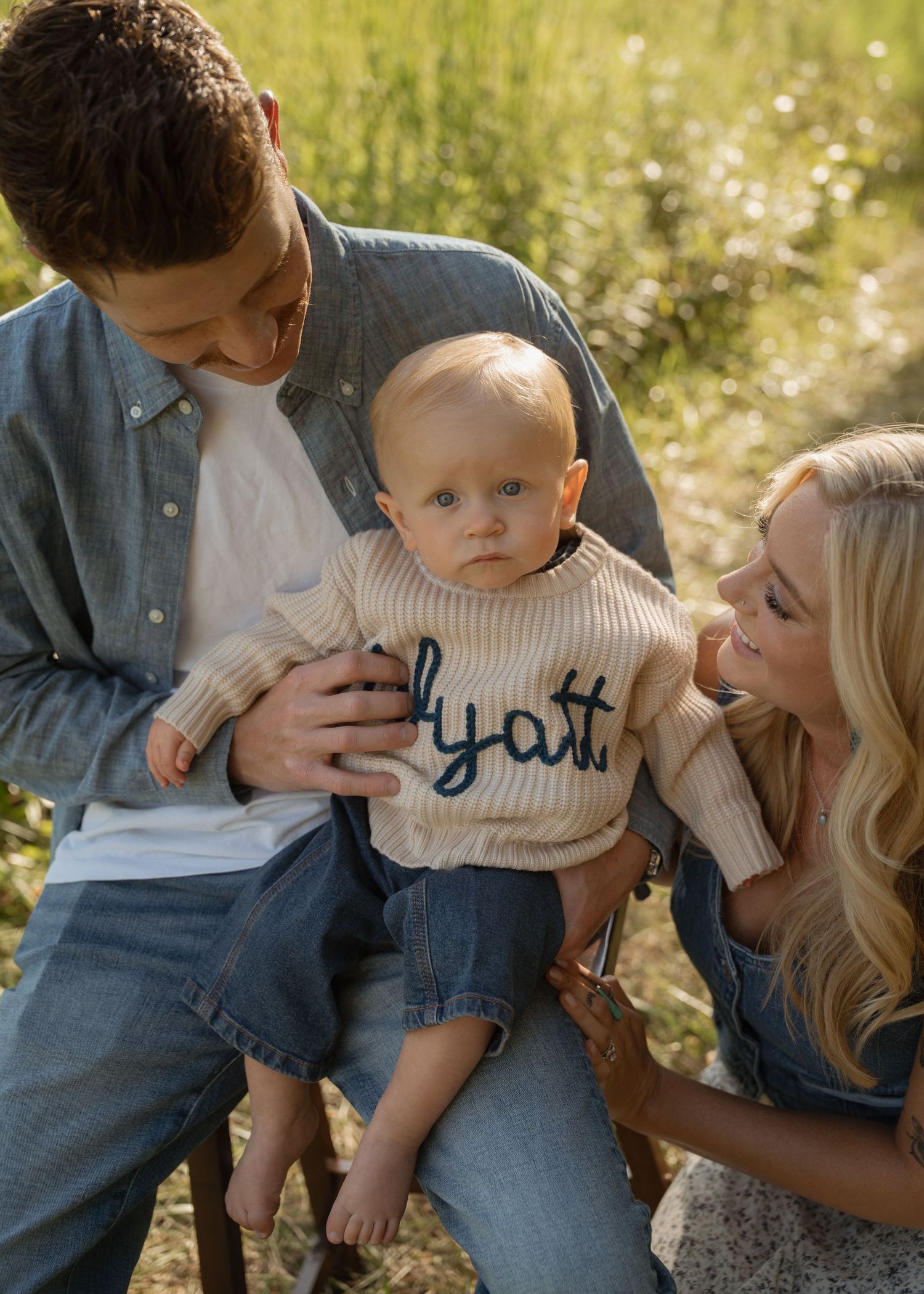 Candid outdoor family moments captured in warm sunlight with natural expressions.