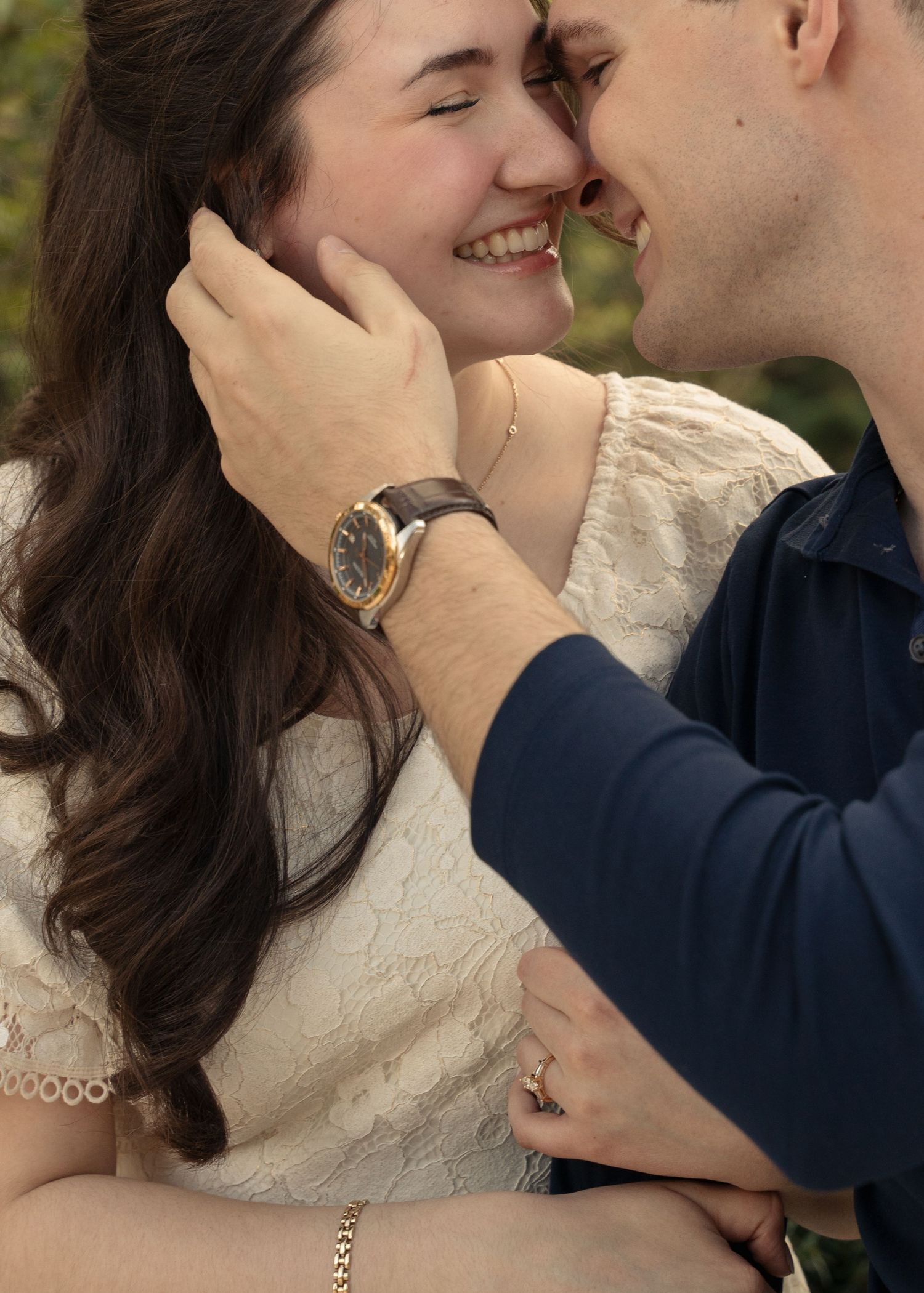 Romantic couple shares intimate moments in a series of close-up photos showing affection and tenderness.