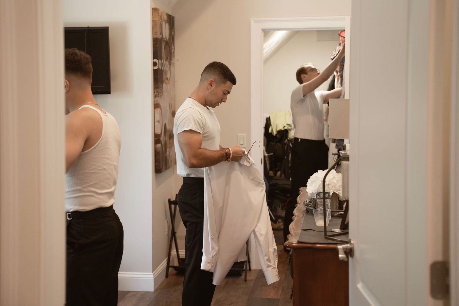 Behind the scenes morning wedding preparation at home.