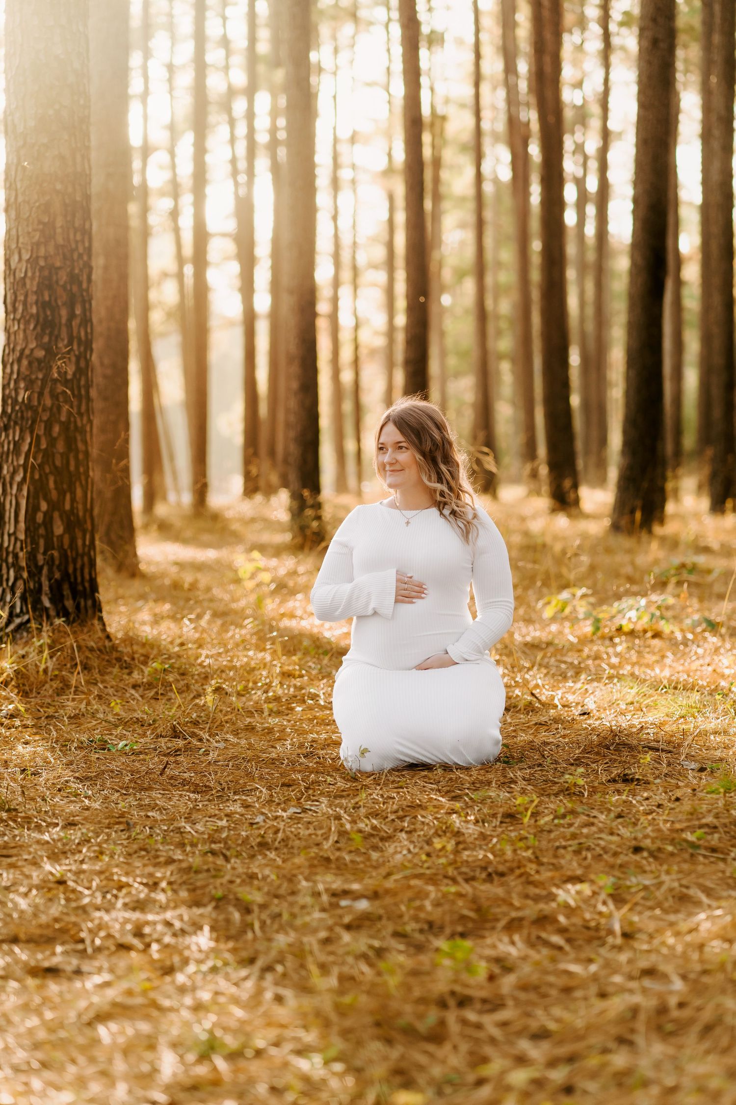A white-dressed figure sits serenely in a sunlit forest with golden light filtering through tall pine trees.