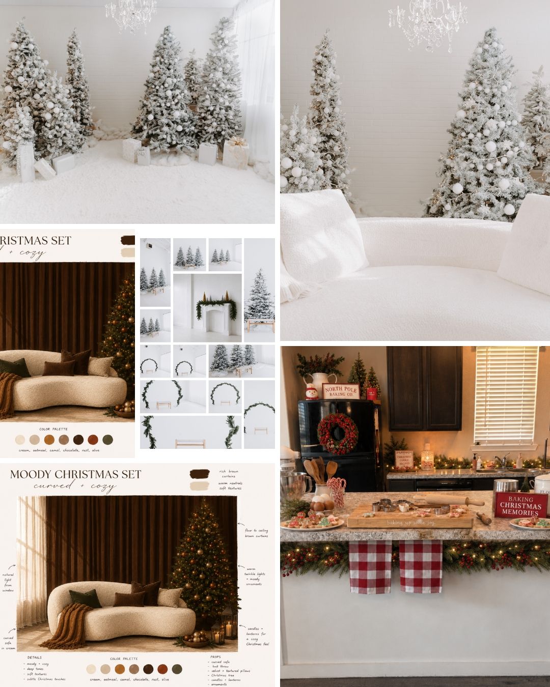 Festive Christmas photography backdrop set featuring snowy flocked trees, moody brown velvet sofa, and holiday decorated mantel scene.