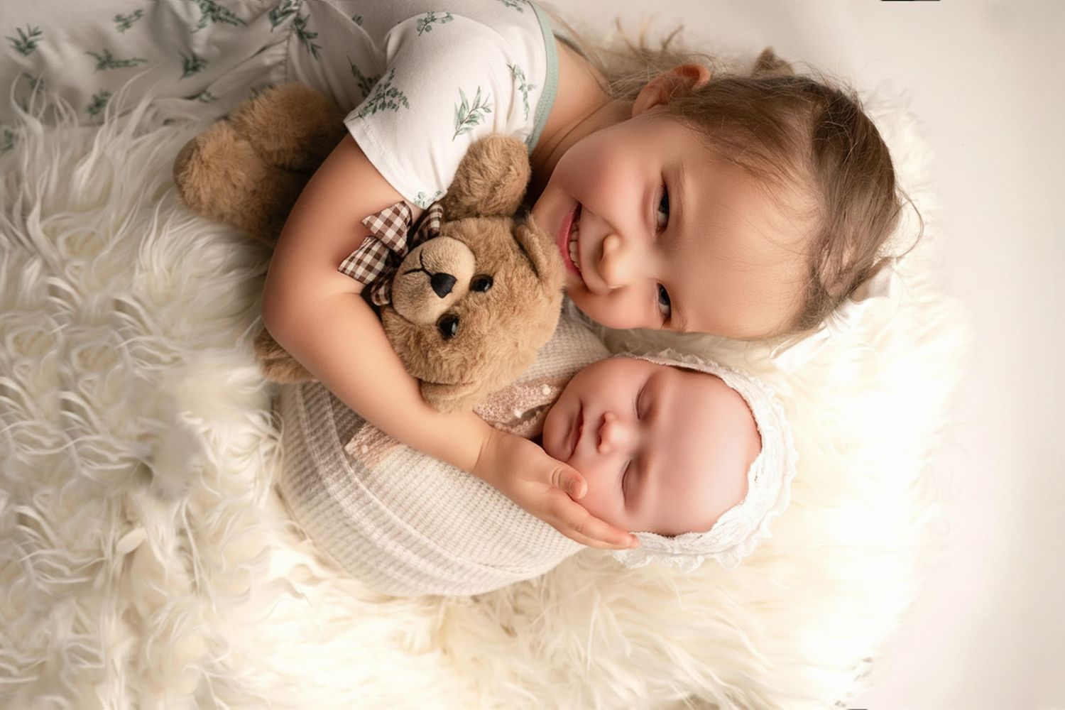 Toddler smiling with newborn baby and teddy bear on white fluffy blanket in professional studio photo.
