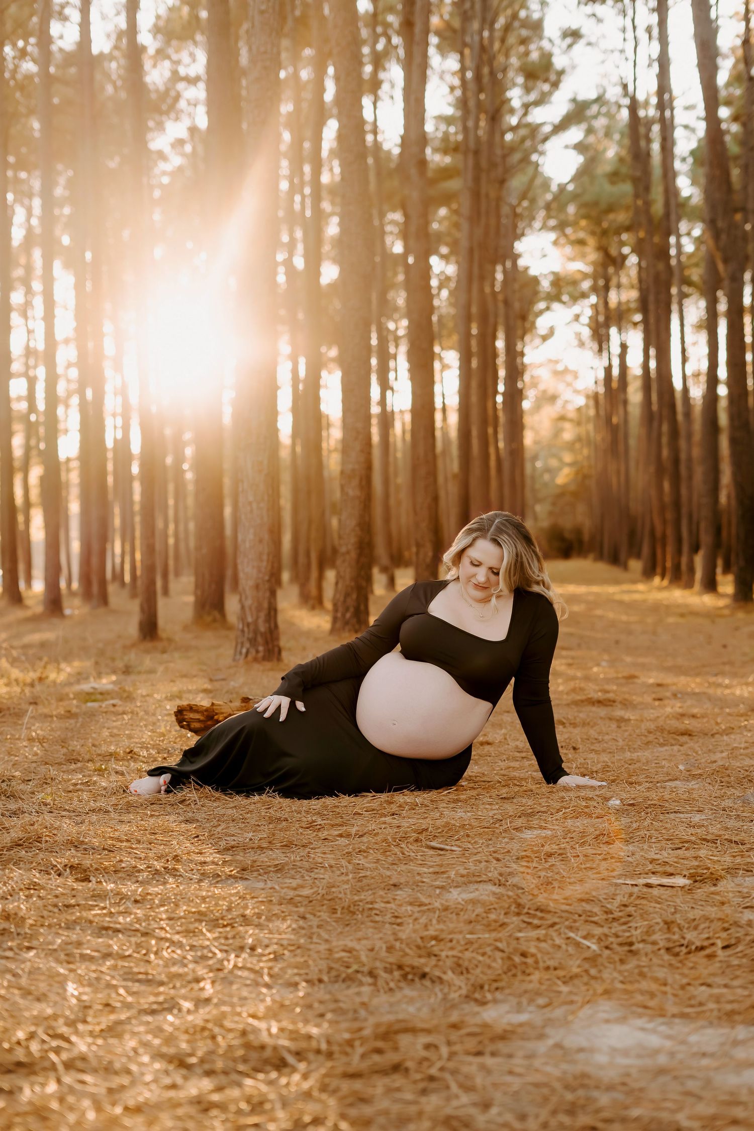 A dreamy sepia-toned photo sequence of a figure lying in a pine forest with golden sunlight filtering through the trees.