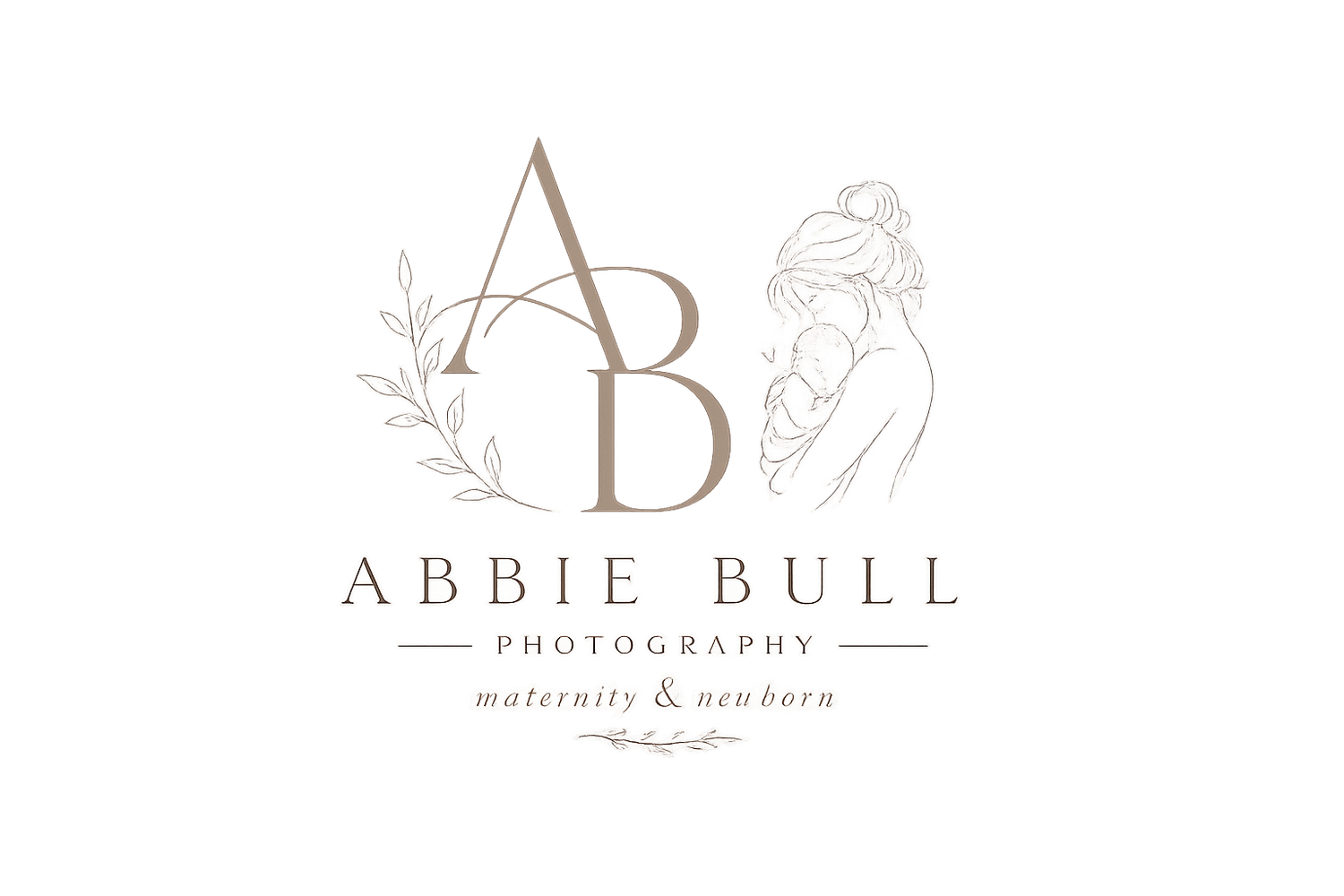Abbie Bull Photography logo featuring elegant AB monogram with floral accents and mother-newborn illustration for maternity photography.