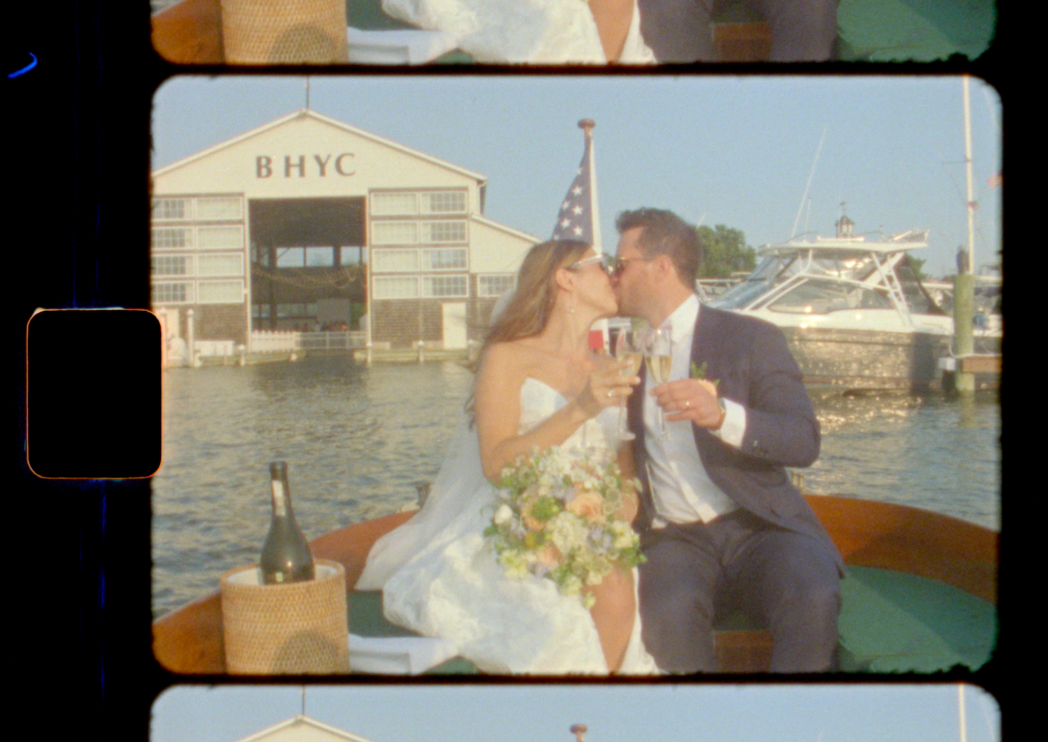 Wedding day preparation scenes with waterfront venue in background.