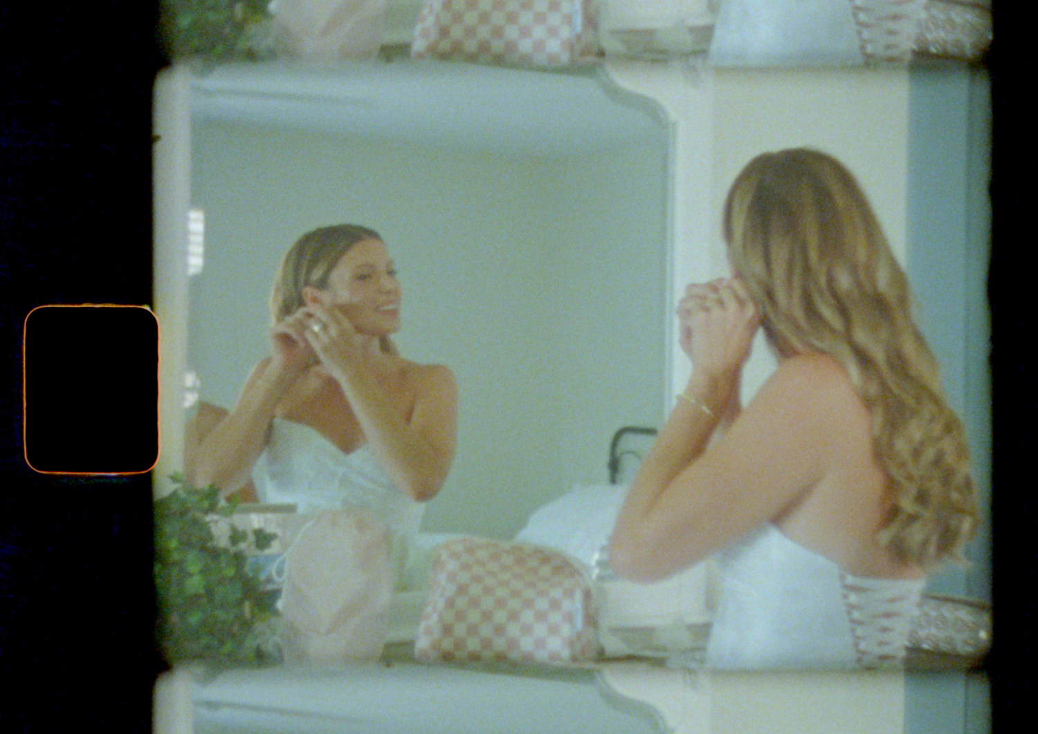 Series of getting ready moments captured in vintage style frames.