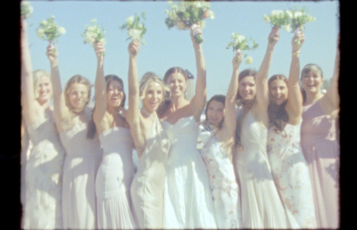 Joyful wedding party celebration photos in panoramic format.