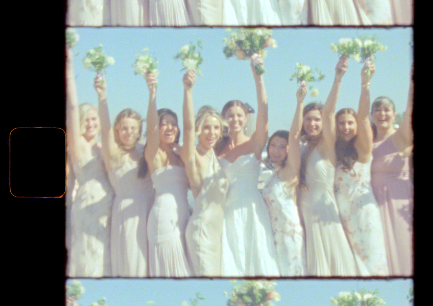 Wedding party celebration photos arranged in filmstrip style.