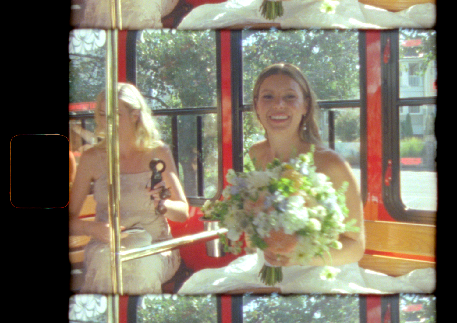 A sequence of six still frames showing someone riding on public transit looking out the window.