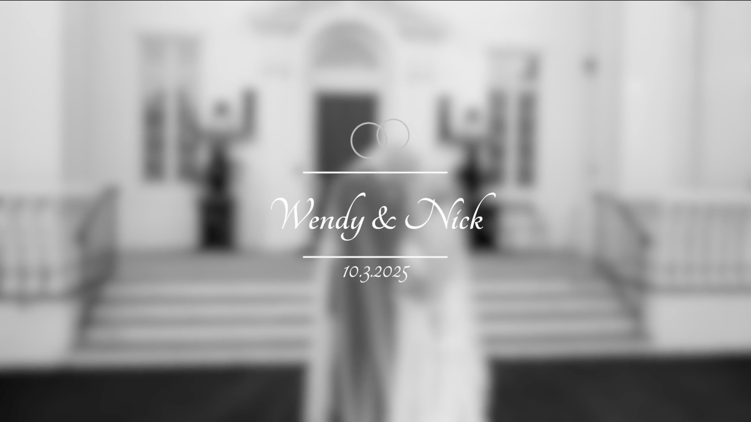 Black and white wedding photos displayed in a gallery wall arrangement showing romantic moments and venue details.