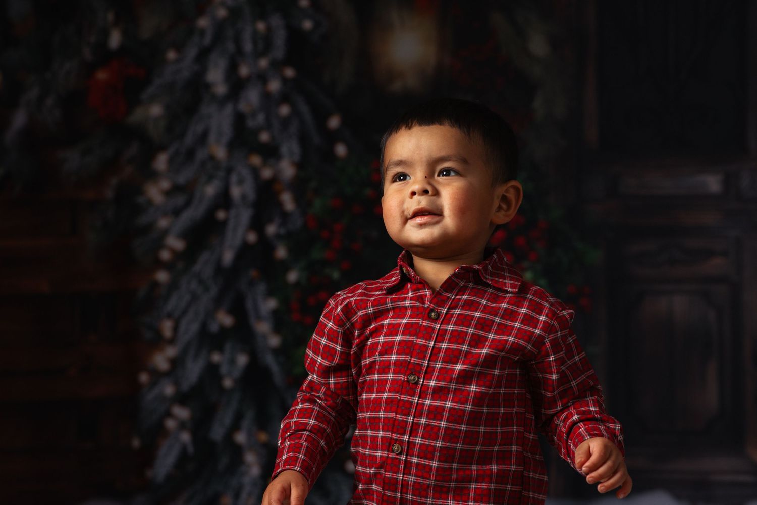 Young child wearing red checkered shirt poses in front of dark background.