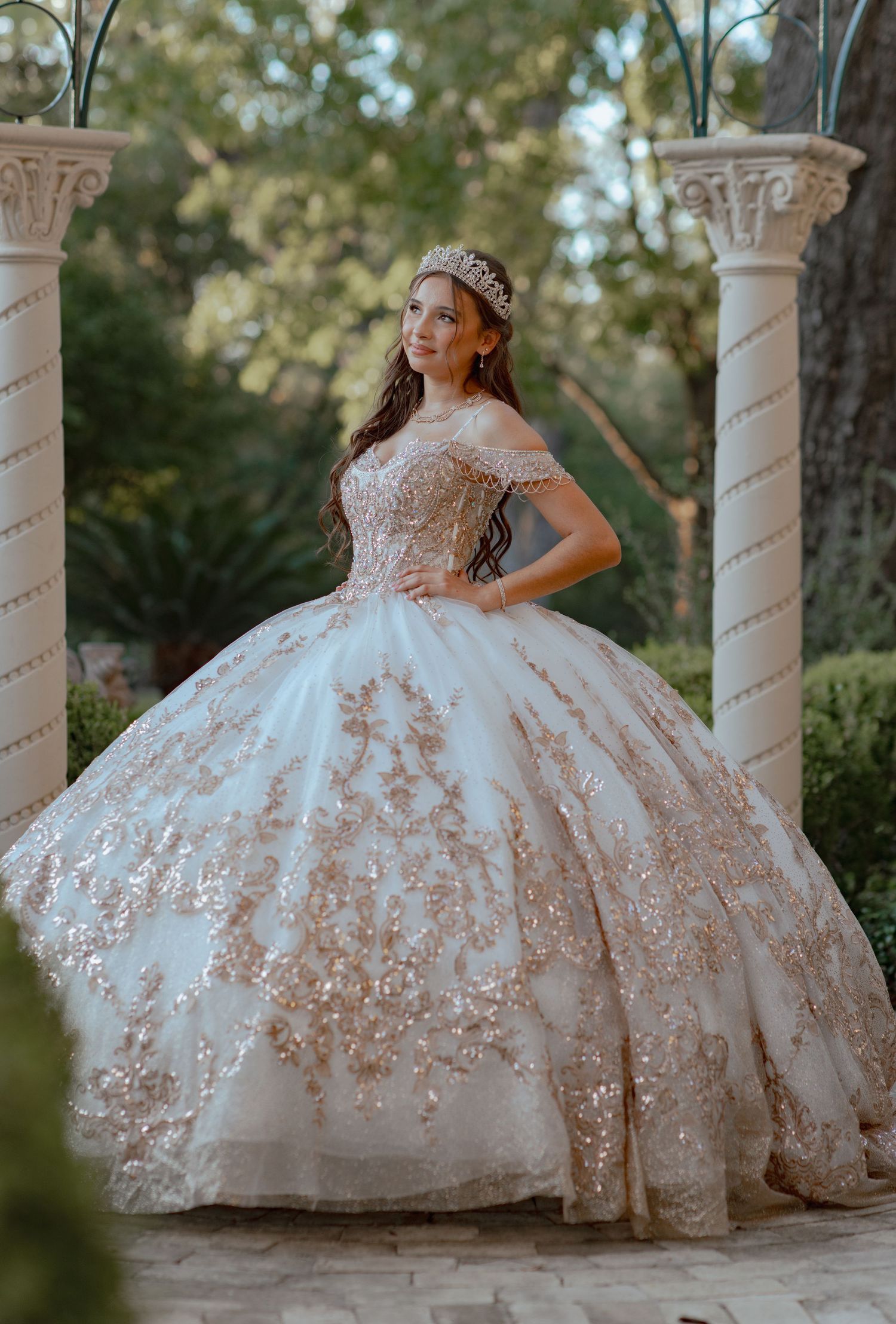 Stunning ball gown with detailed embroidery and sparkles photographed in an outdoor garden setting.