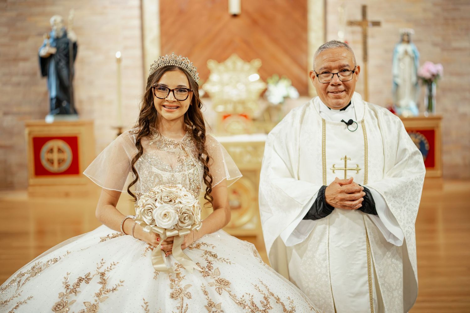 Church ceremony with traditional religious elements and decorative attire.