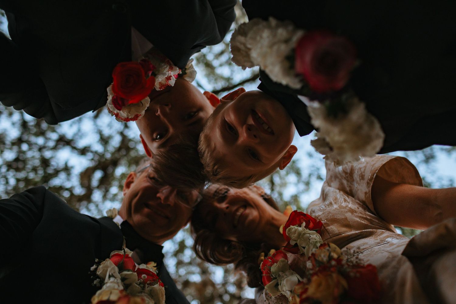 Silhouetted wedding party members against dark background with string lights.